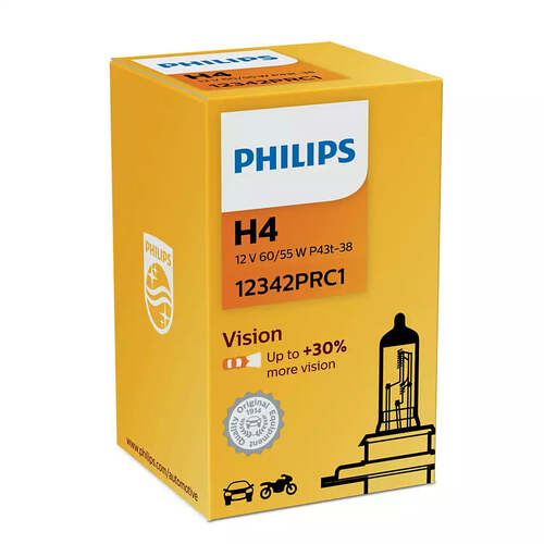 New PHILIPS Globe H4 12V 60/55W P43T-38 Single Box Premium Vision (12342Prc1)