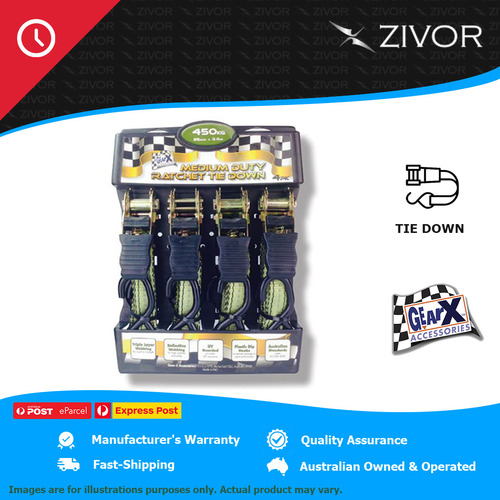 GEAR-X Medium Duty 3.6m Ratchet Tie Down Working Load - 450Kg 4 Pack GXRTD25364