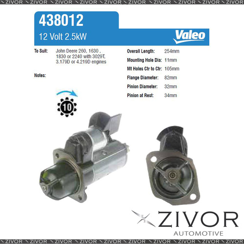 New Valeo Starter Motor 12V 10Th CW For JOHN DEERE 355D #438012