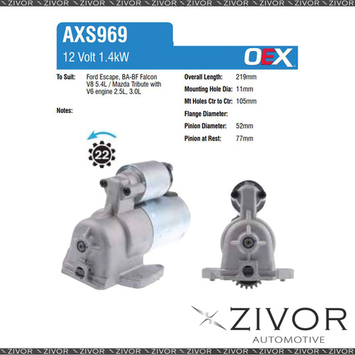 AXS969-OEX Starter Motor 12V 22Th CCW Autolite Style For FORD Cougar, SX