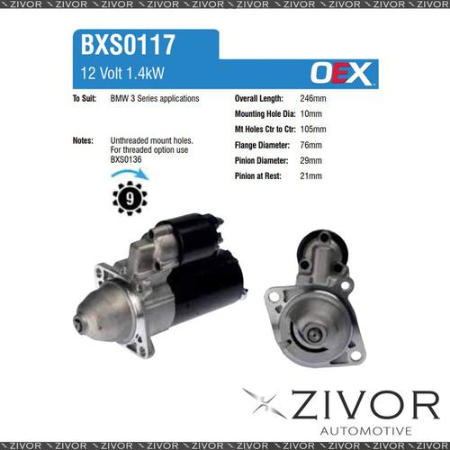 BXS0117-OEX Starter Motor 12V 9Th CW Bosch Style For BMW 525i, E34