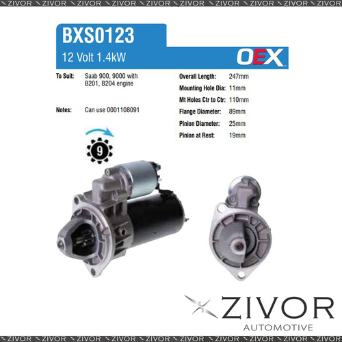 BXS0123-OEX Starter Motor 12V 9Th CW Bosch Style For SAAB 900