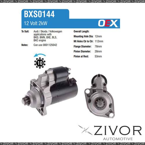 BXS0144-OEX Starter Motor 12V 10Th CCW Bosch Style For AUDI TT, 8J