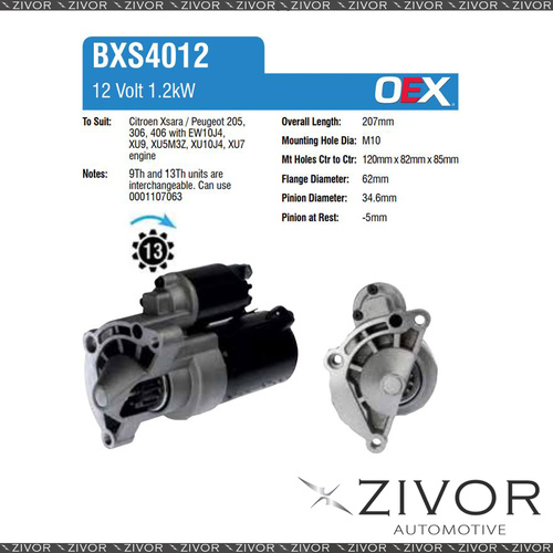 BXS4012-OEX Starter Motor 12V 9Th CW Bosch Style For CITROEN Xantia