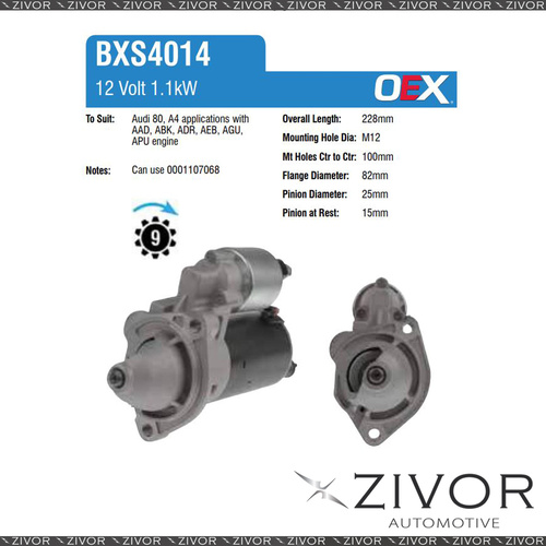 BXS4014-OEX Starter Motor 12V 9Th CW Bosch Style For AUDI A4, 8H (B7)