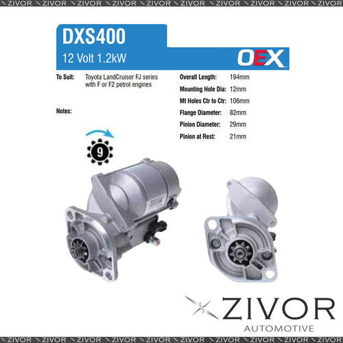 DXS400-OEX Starter Motor 12V 9Th CW Denso Style For TOYOTA LandCruiser, FJ80