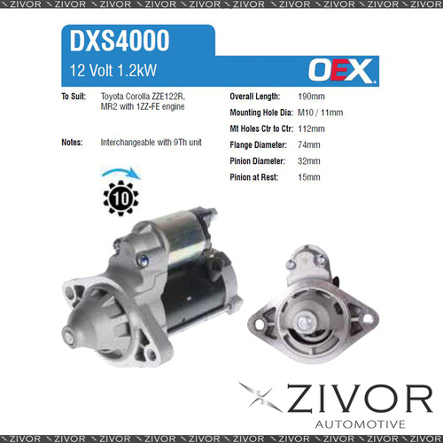 DXS4000-OEX Starter Motor 12V 10Th CW Denso Style For TOYOTA Corolla, ZZE122R