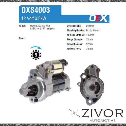 DXS4003-OEX Starter Motor 12V 9Th CW Denso Style For HONDA Jazz, GD
