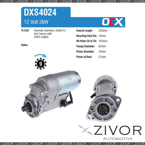 DXS4024-OEX Starter Motor 12V 9Th CW Denso Style For HYUNDAI Santa Fe, CM