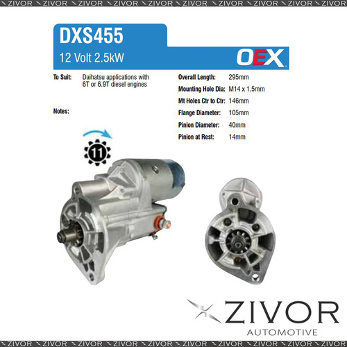 DXS455-OEX Starter Motor 12V 11Th CW Denso Style For TOYOTA Dyna 400, BU222R