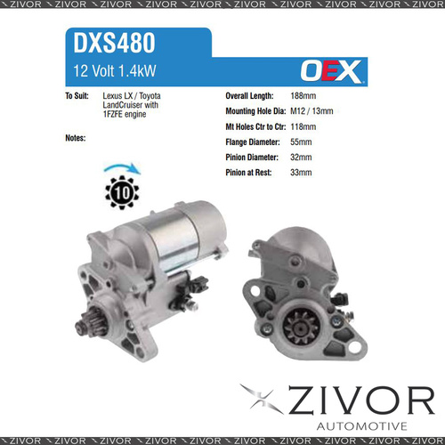 DXS480-OEX Starter Motor 12V 10Th CW Denso Style For TOYOTA LandCruiser, FZJ80
