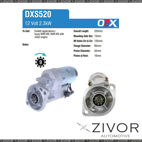 DXS520-OEX Starter Motor 12V 9Th CW Denso Style For ISUZU N-Series, NKR150