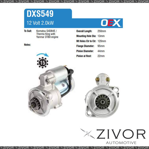 DXS549-OEX Starter Motor 12V 15Th CW Denso Style For THERMO KING RD-II, 50 TCI