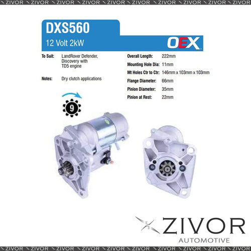 OEX Starter Motor 12V 9Th CW Denso Style For LAND ROVER / ROVER Defender 110