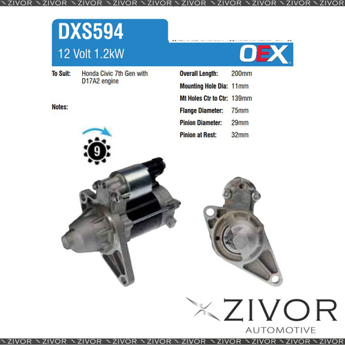 DXS594-OEX Starter Motor 12V 9Th CW Denso Style For HONDA Civic, 7th GEN