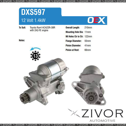 DXS597-OEX Starter Motor 12V 13Th CCW Denso Style For TOYOTA RAV4, ACA38R