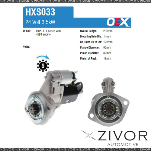 HXS033-OEX Starter Motor 24V 9Th CW Hitachi Style For JOHN DEERE 135D