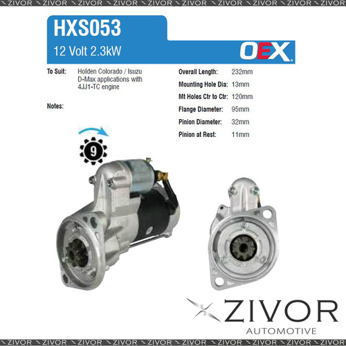 HXS053-OEX Starter Motor 12V 9Th CW Hitachi Style For HOLDEN Rodeo, RA Series