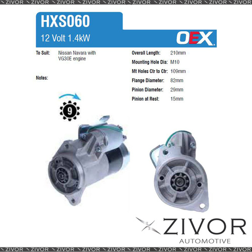 HXS060-OEX Starter Motor 12V 9Th CW Hitachi Style For NISSAN Navara, D22