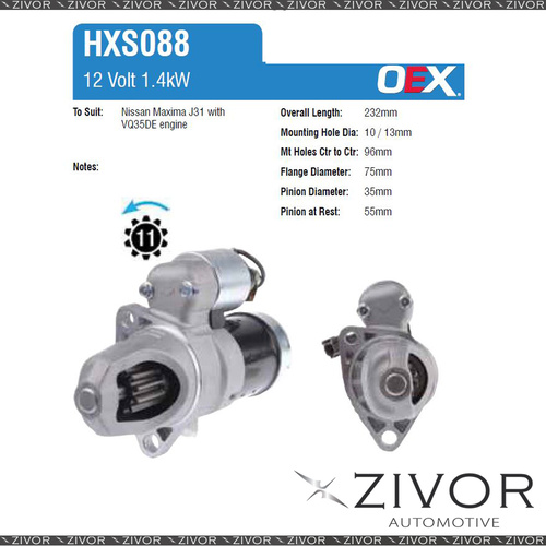 New HXS088-OEX Starter Motor 12V 11Th CCW Hitachi Style For NISSAN Maxima, J31