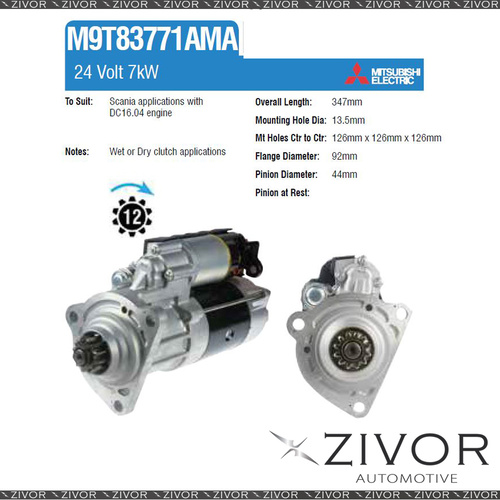 M9T83771AMA-Mitsubishi Starter Motor 24V 12Th CW For SCANIA R-Series
