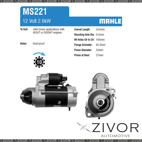 MS221-Mahle Starter Motor 12V 10Th CW For JOHN DEERE 315