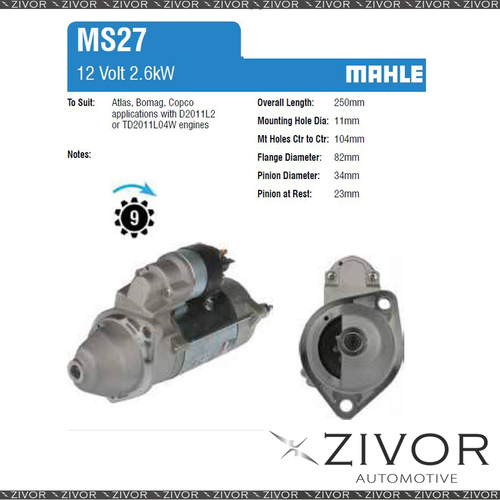 New Mahle Starter Motor 12V 9Th CW For ATLAS COPCO AW 300 #MS27