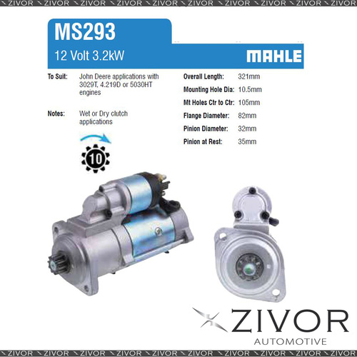 New Mahle Starter Motor 12V 10Th CW For JOHN DEERE 850D #MS293
