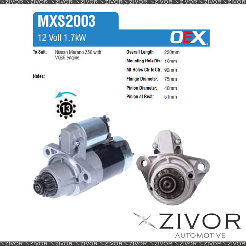MXS2003-OEX Starter Motor 12V 13Th CCW Mitsubishi Style For NISSAN Murano, Z51