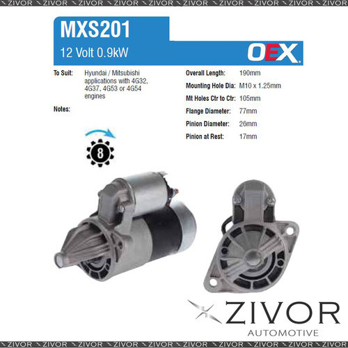 MXS201-OEX Starter Motor 12V 8Th CW Mitsubishi Style For HYUNDAI S-Coupe, 1J