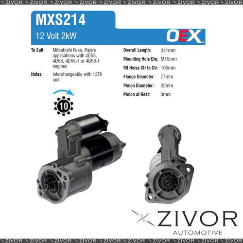 OEX Starter Motor 12V 10Th CW Mitsubishi Style For MITSUBISHI Starwagon WA