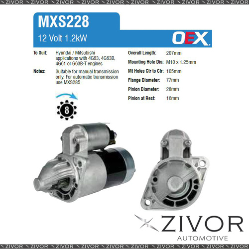 MXS228-OEX Starter Motor 12V 8Th CW Mitsubishi Style For MITSUBISHI Lancer, CB
