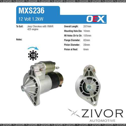 MXS236-OEX Starter Motor 12V 10Th CW Mitsubishi Style For JEEP Wrangler, TJ
