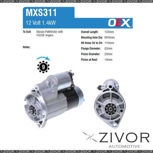 MXS311-OEX Starter Motor 12V 9Th CW Mitsubishi Style For NISSAN Pathfinder, R50