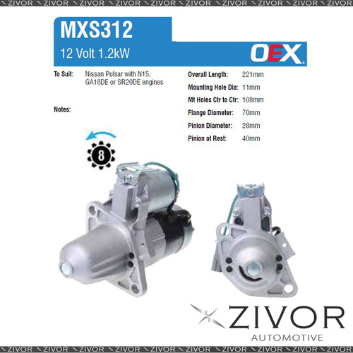 MXS312-OEX Starter Motor 12V 8Th CCW Mitsubishi Style For NISSAN Pulsar, N15