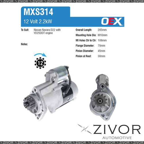 MXS314-OEX Starter Motor 12V 12Th CW Mitsubishi Style For NISSAN Navara, D22