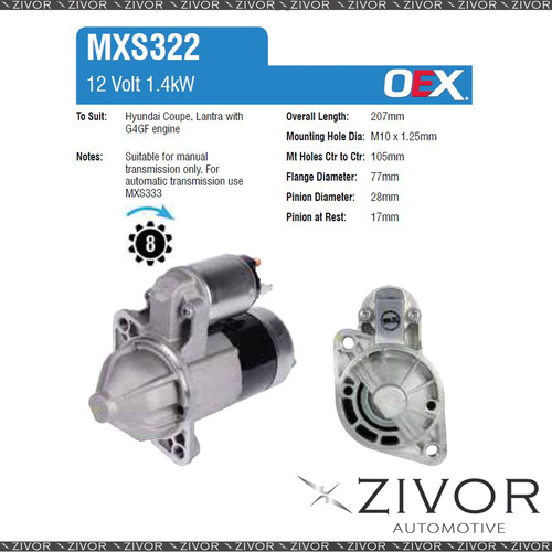 MXS322-OEX Starter Motor 12V 8Th CW Mitsubishi Style For HYUNDAI i30, FD