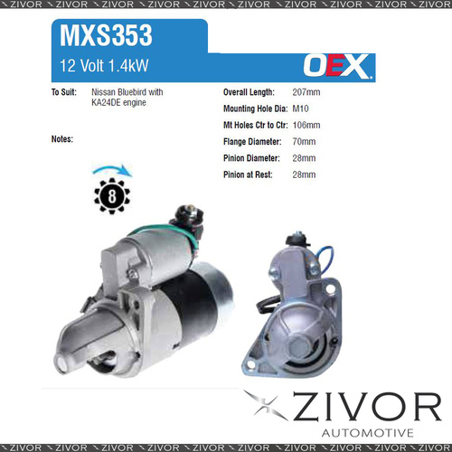 MXS353-OEX Starter Motor 12V 8Th CW Mitsubishi Style For NISSAN Bluebird, U13