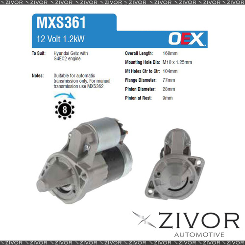 MXS361-OEX Starter Motor 12V 8Th CW Mitsubishi Style For KIA Rio, JB