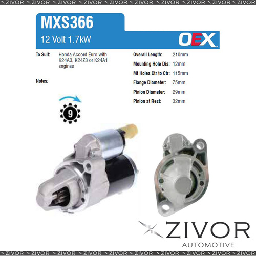 MXS366-OEX Starter Motor 12V 9Th CW Mitsubishi Style For HONDA Accord