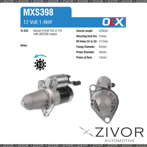 MXS398-OEX Starter Motor 12V 13Th CCW Mitsubishi Style For NISSAN X-Trail, T30