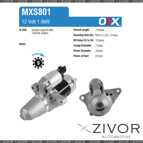 MXS801-OEX Starter Motor 12V 9Th CW Mitsuba Style For HONDA Legend, KA9