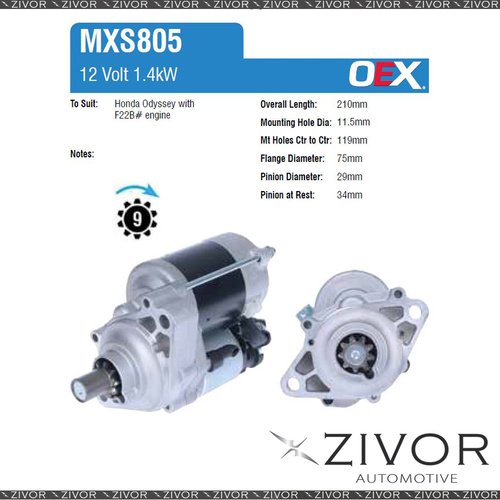 MXS805-OEX Starter Motor 12V 9Th CW Mitsuba Style For HONDA Odyssey, RA3