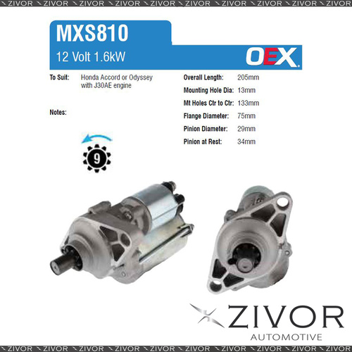 MXS810-OEX Starter Motor 12V 9Th CCW Mitsuba Style For HONDA Accord, CM6