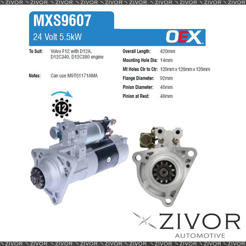 MXS9607-OEX Starter Motor 24V 12Th CW Mitsubishi Style For VOLVO FH