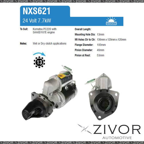 NXS621-Nikko Starter Motor 24V 13Th CW For KOMATSU PC220LC-8