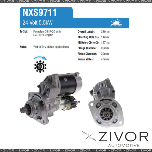NXS9711-Nikko Starter Motor 24V 10Th CW For KOMATSU WA200PZ-6