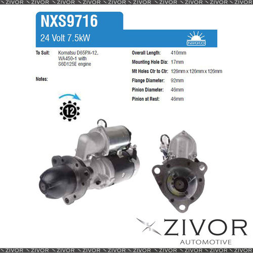 NXS9716-Nikko Starter Motor 24V 12Th CW For KOMATSU D85E-21