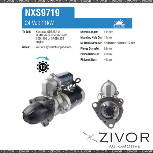 NXS9719-Nikko Starter Motor 24V 12Th CW For KOMATSU WA500-1