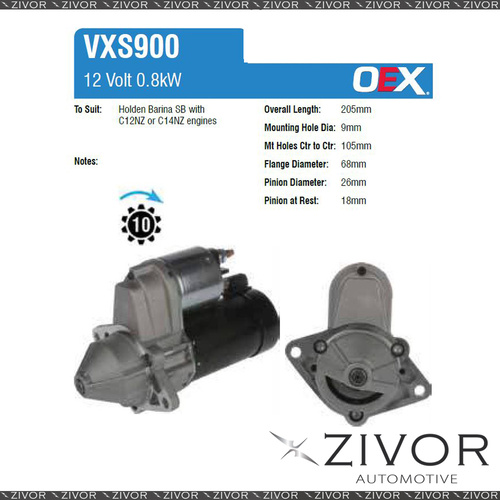 VXS900-OEX Starter Motor 12V 10Th CW Valeo Style For HOLDEN Combo, XC